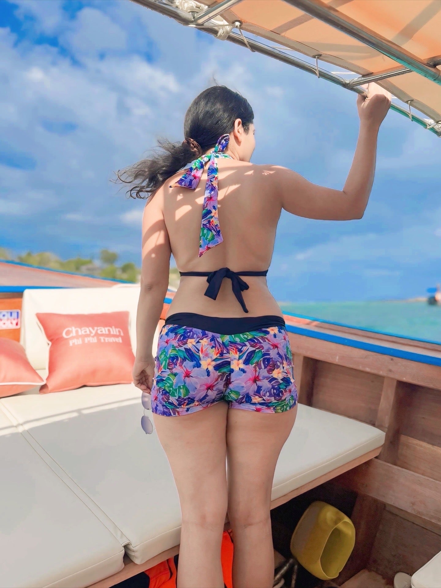 Tropical Print Halter Bikini Set with Boyshort Bottoms