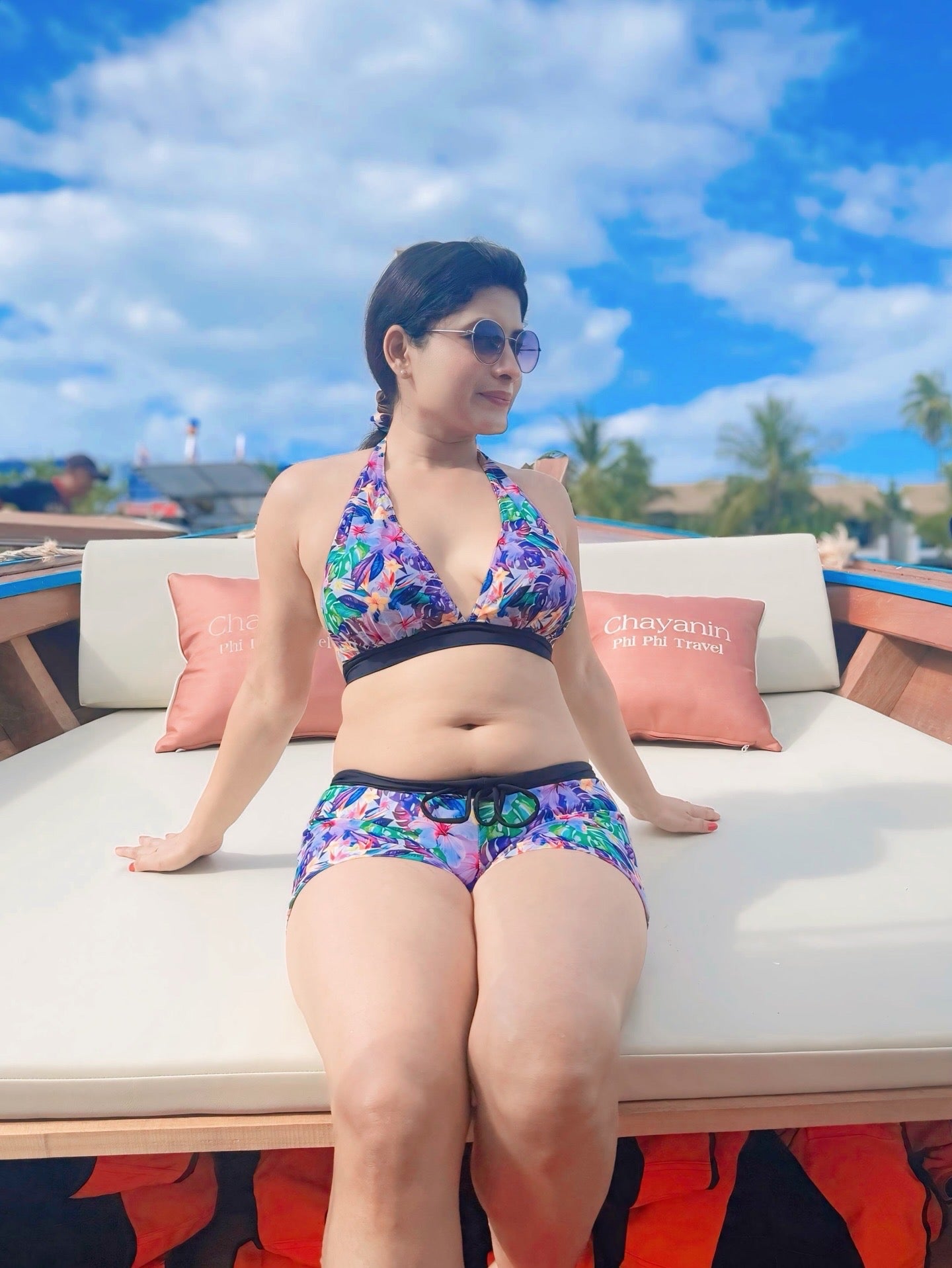 Tropical Print Halter Bikini Set with Boyshort Bottoms