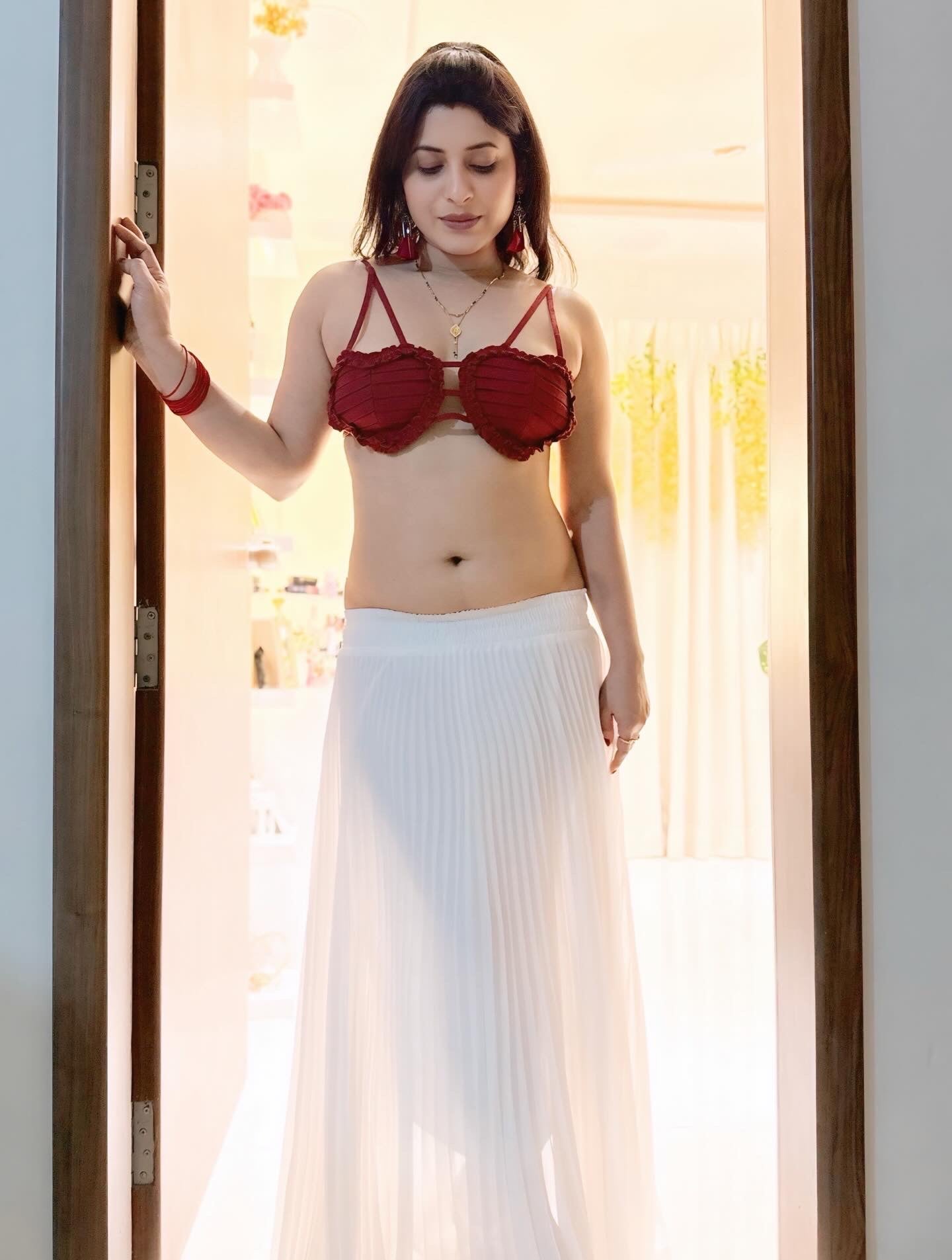 Ruffled Bralette & Pleated Skirt Set – Wine Red & White