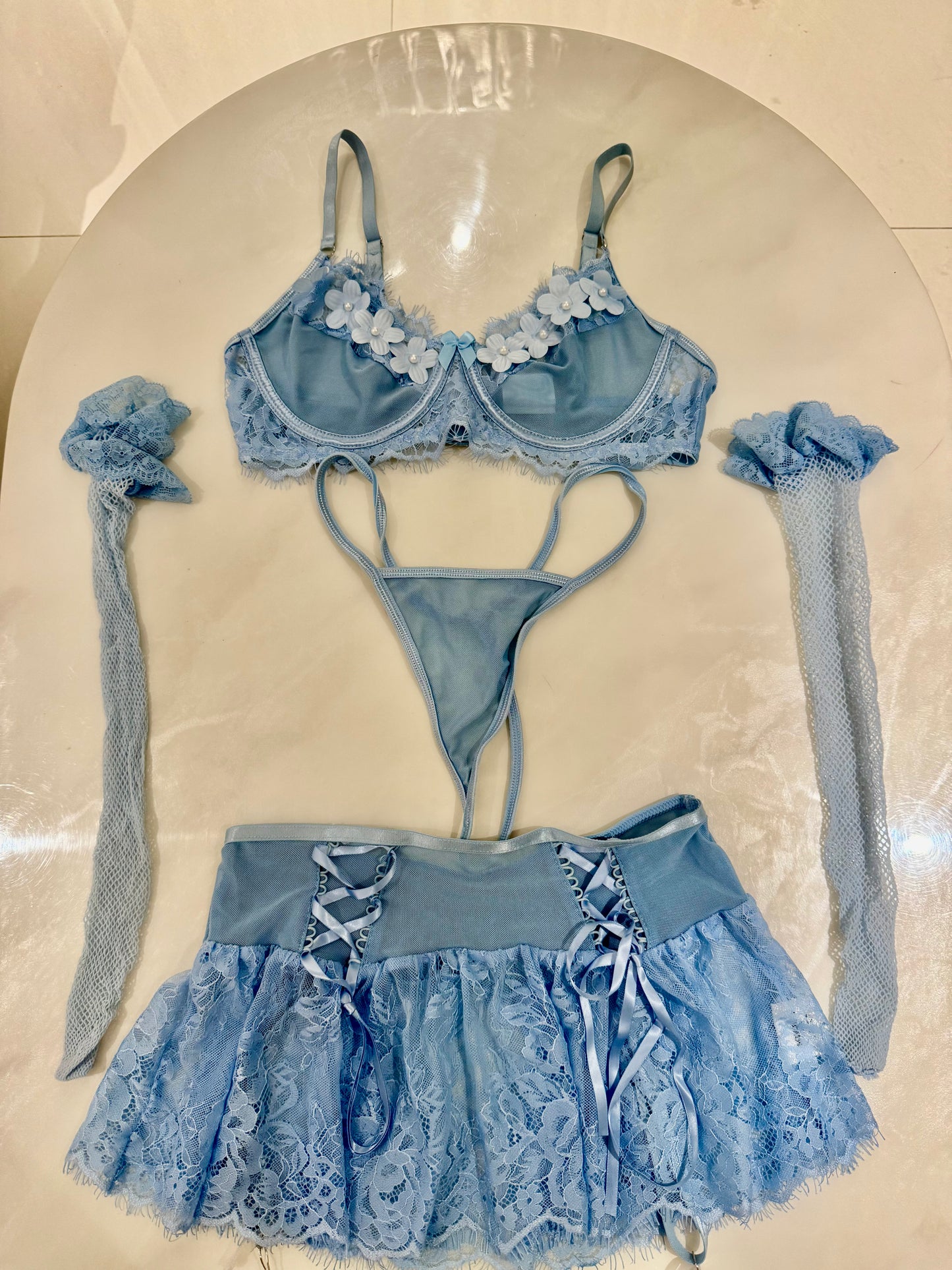 Lace Appliqué Sheer Lingerie Set with Stockings