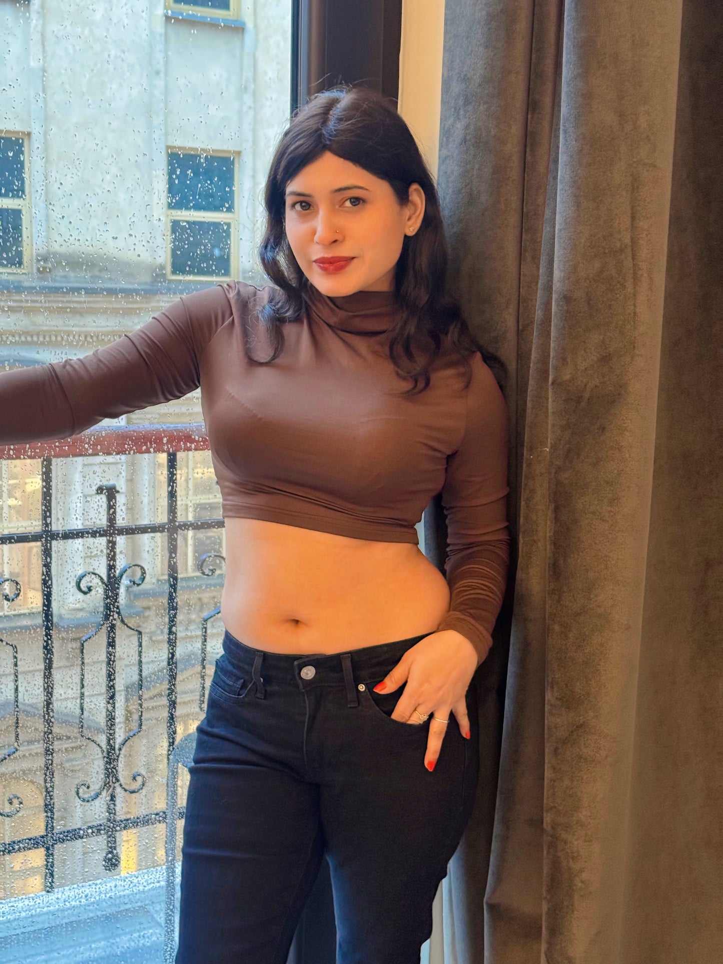 Chocolate Brown High-Neck Crop Top – Full Sleeve | Soft Stretchy Fit