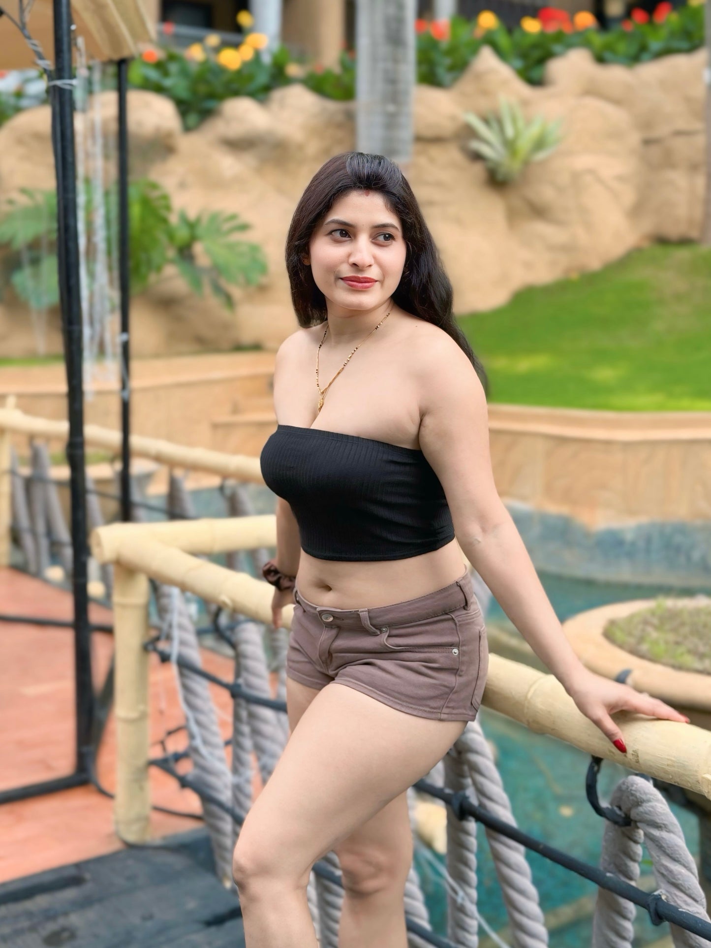 Chocolate High-Waist Shorts & Black Tube Top Set