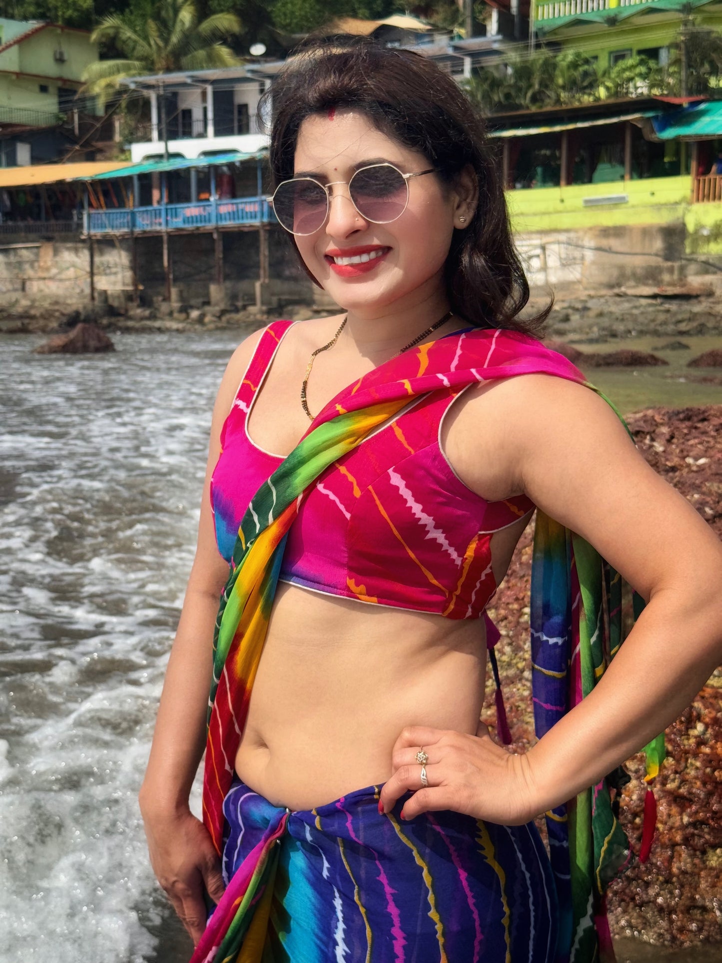 Rainbow Tie-Dye Saree with Hot Pink Sleeveless Blouse