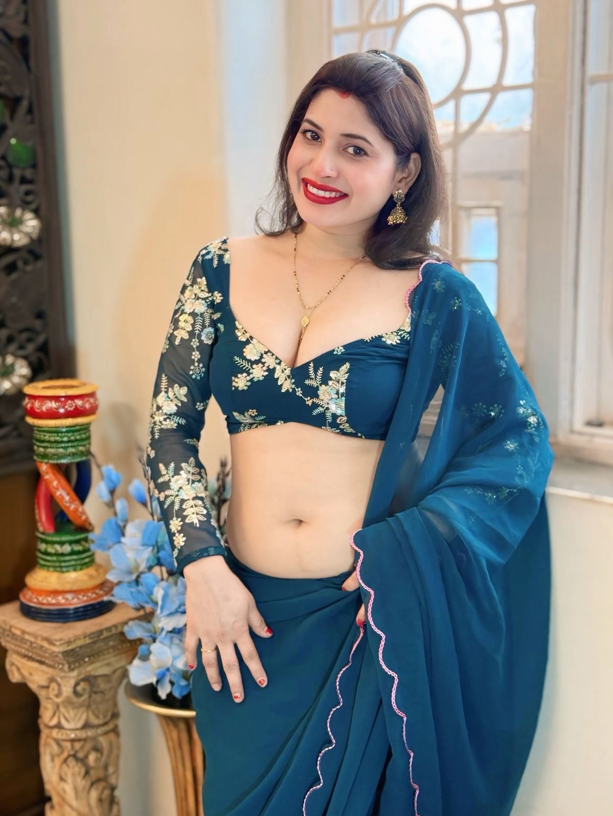 Teal Blue Embroidered Saree & Tie-Back Blouse Set