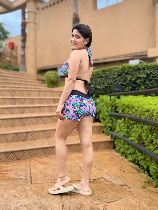 Tropical Print Halter Bikini Set with Boyshort Bottoms