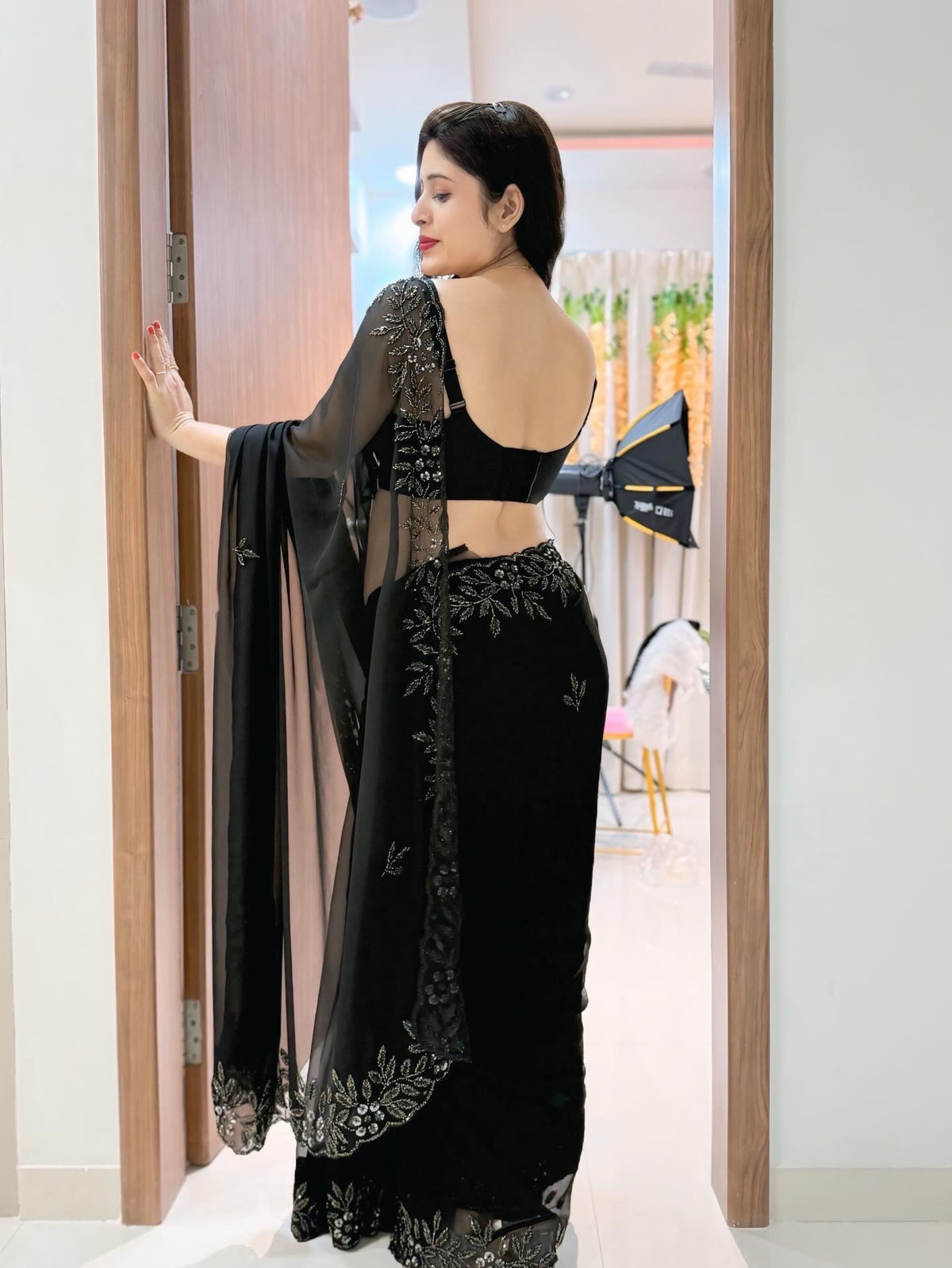 Black Embroidered Saree - back view 1