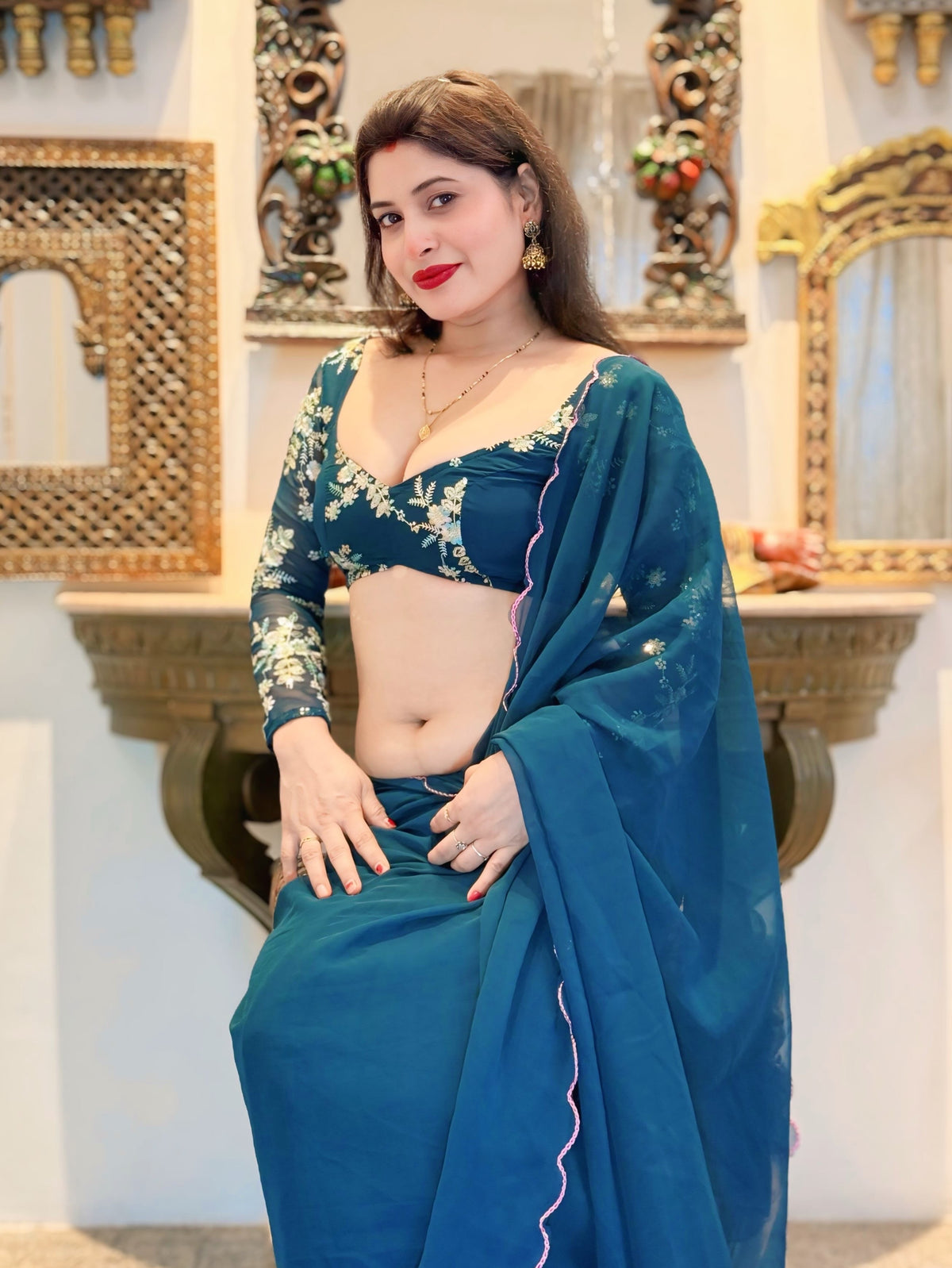 Teal Blue Embroidered Saree & Tie-Back Blouse Set