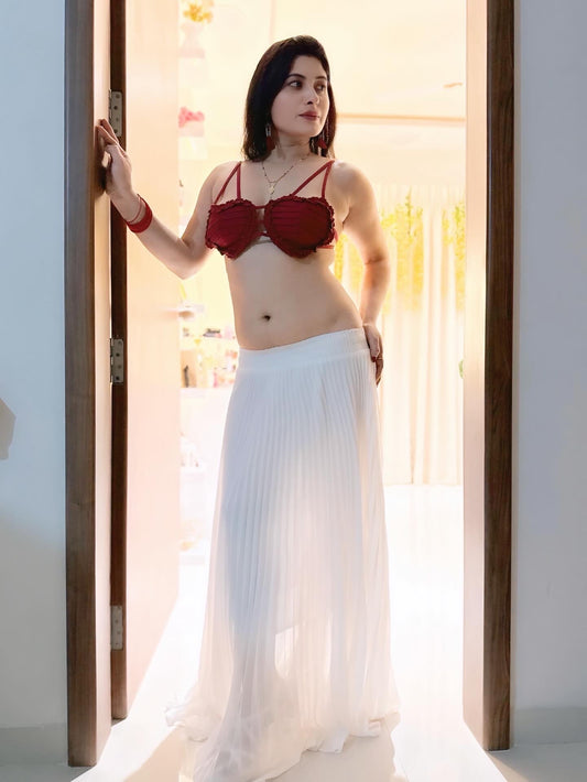 Ruffled Bralette & Pleated Skirt Set – Wine Red & White