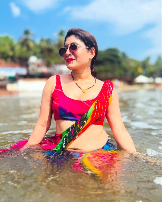 Rainbow Tie-Dye Saree with Hot Pink Sleeveless Blouse