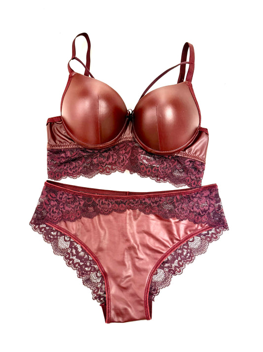 Satin & Lace Maroon Lingerie Set – Bold Elegance