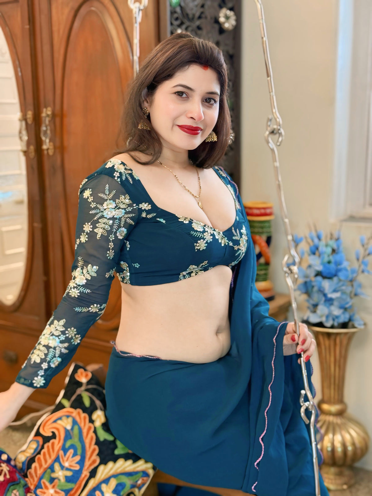 Teal Blue Embroidered Saree & Tie-Back Blouse Set