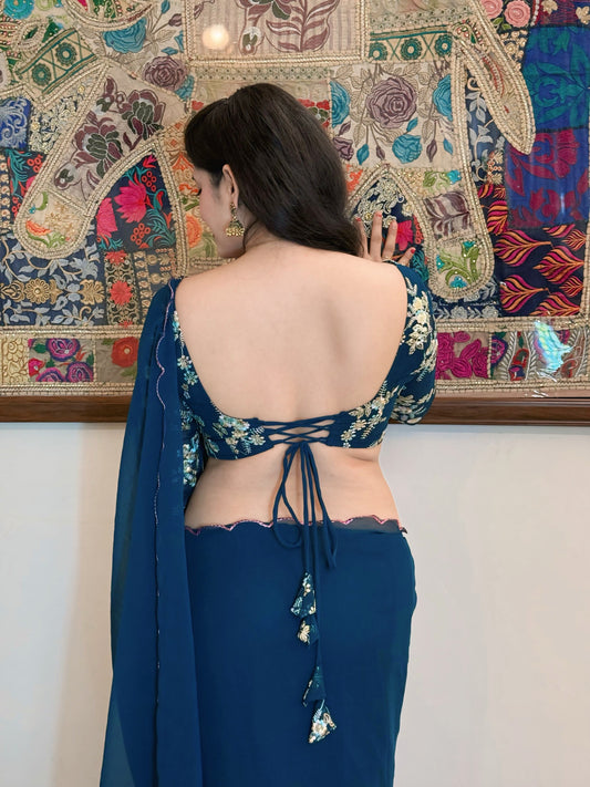 Teal Blue Embroidered Saree & Tie-Back Blouse Set
