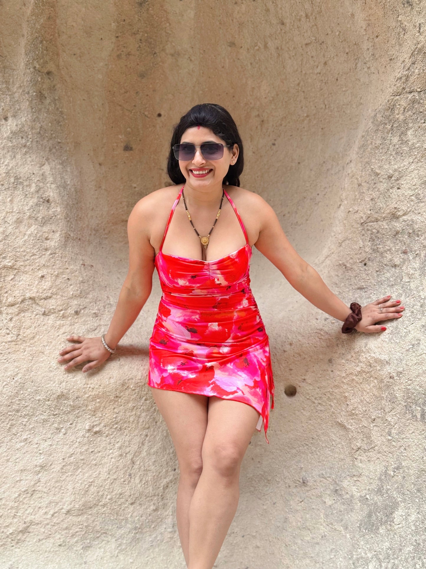 Tropical Sunset Halter Mini Dress – Red & Pink Watercolor Print | Ruched Side Slit