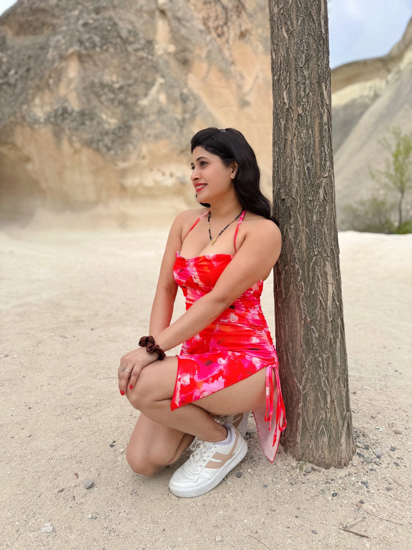 Tropical Sunset Halter Mini Dress – Red & Pink Watercolor Print | Ruched Side Slit