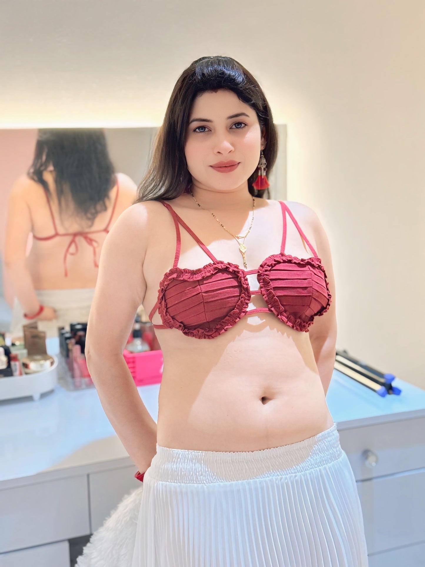 Ruffled Bralette & Pleated Skirt Set – Wine Red & White