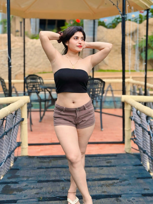 Chocolate High-Waist Shorts & Black Tube Top Set