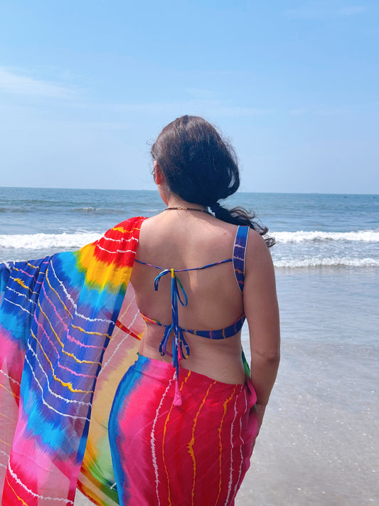 Rainbow Tie-Dye Saree with Hot Pink Sleeveless Blouse