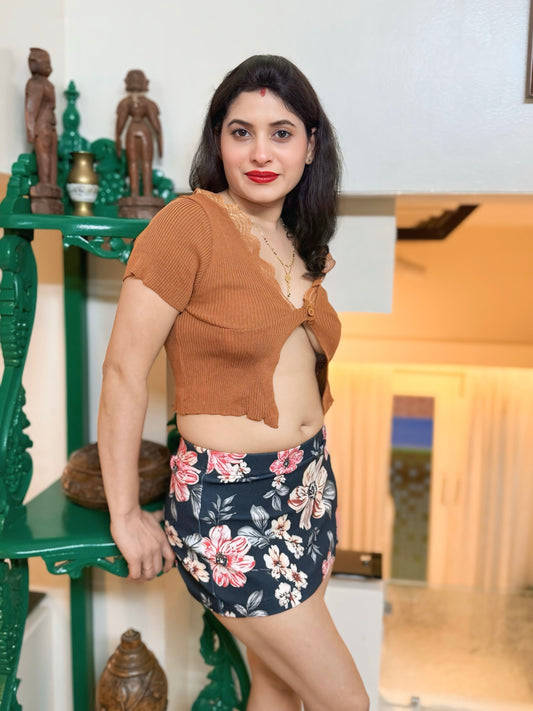 Brown Ribbed Cropped Top with Button Front & Lace Trim