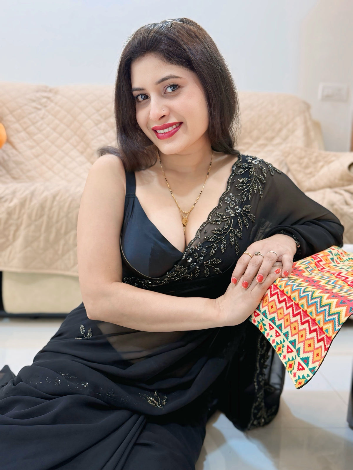 Black Embroidered Saree - sitting look